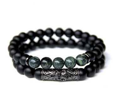 2/pc Natural Black Onyx & Kambaba Jasper' FOR PEACE' Men's Bracelet Set